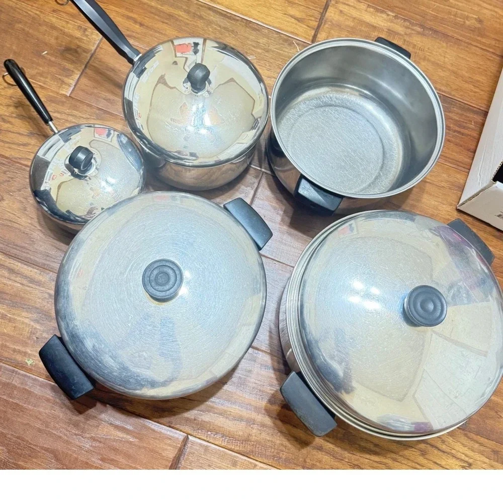 VTG 80s 9pieces Revere Ware Farberware Cookware‎ Copper Bottom Stainless Steel